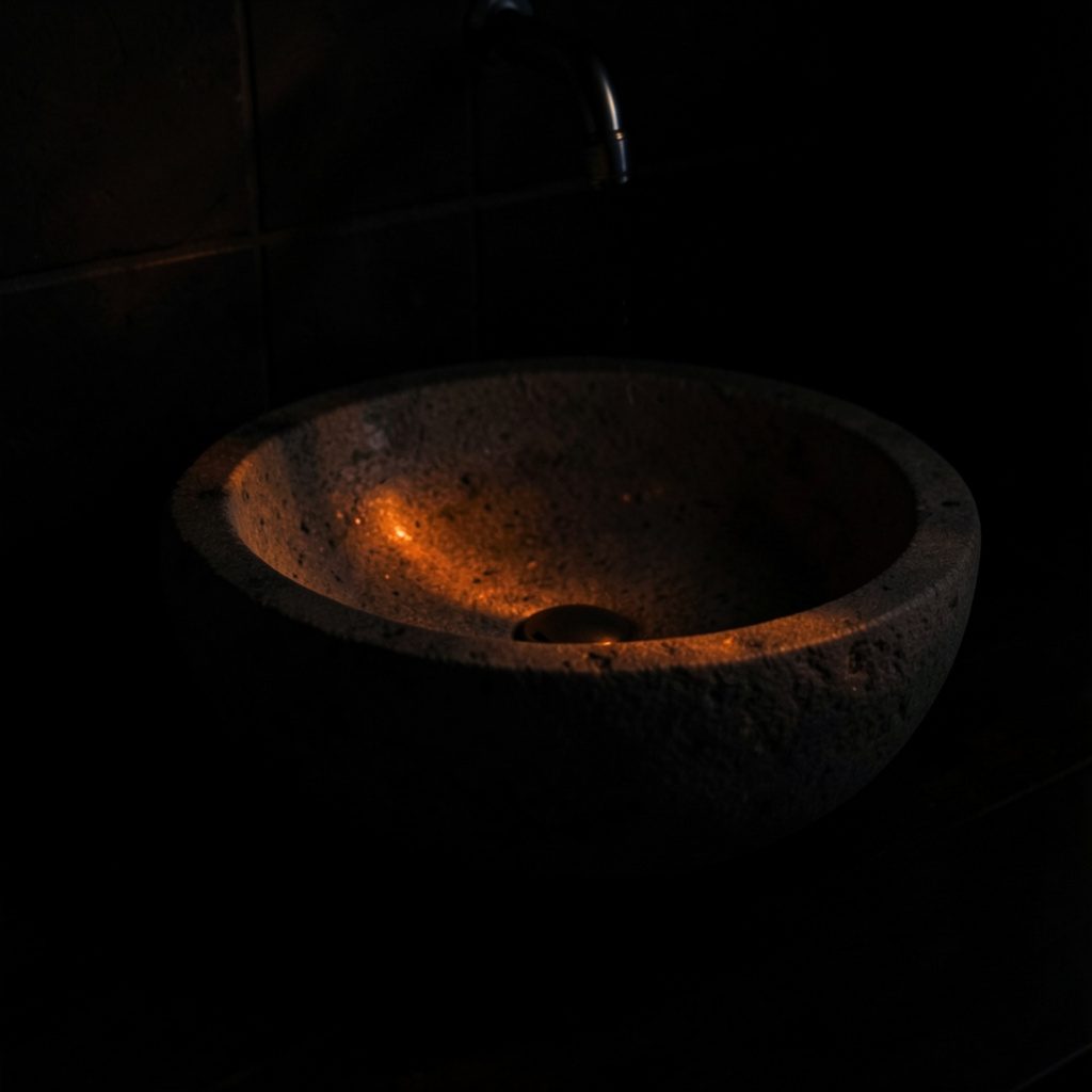 Vasque en pierre naturelle posée sur un plan sombre, lumière tamisée mettant en valeur les textures minérales
